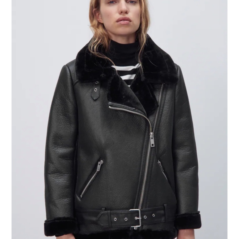 Zara | Faux Leather & Fur Double-Faced Aviator Jacket